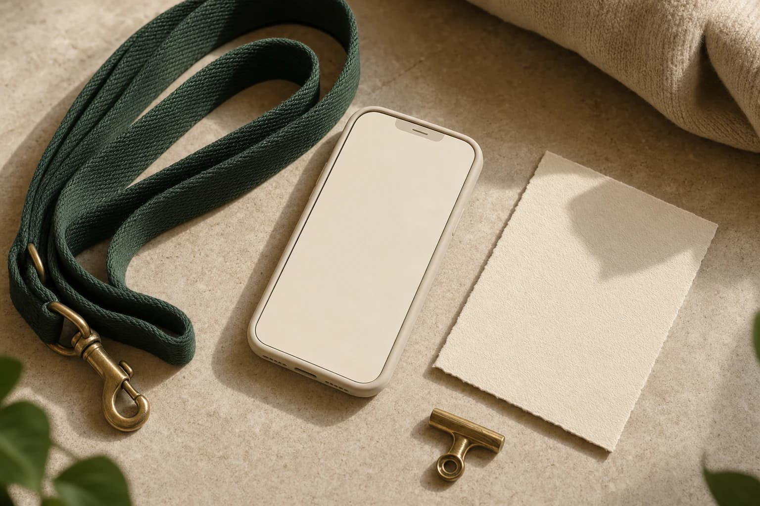 A phone, leash, note card, and brass key arranged on a warm stone surface