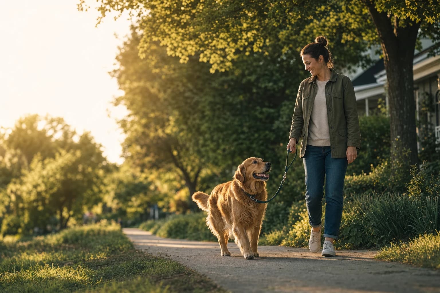 A dog walking beside a local walker on a leafy neighborhood path