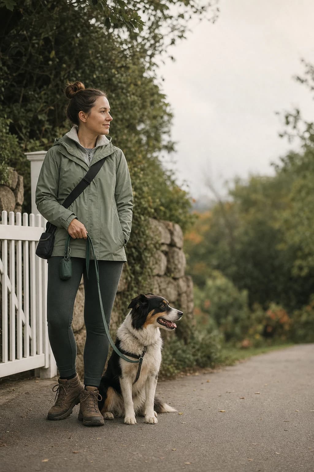 A local dog walker taking a calm pause with a dog near a neighborhood gate